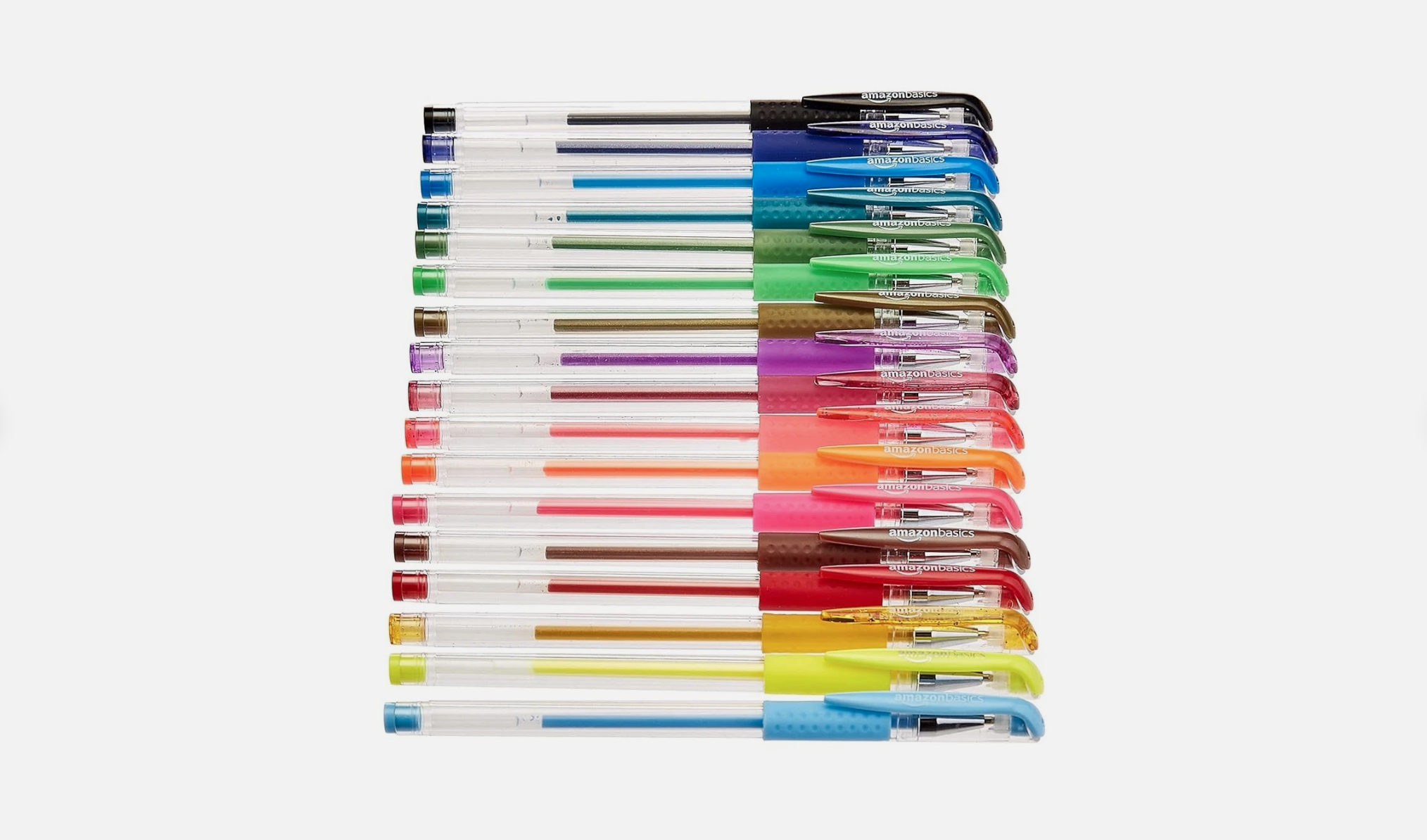 Set of multicolored gel pens neatly arranged in a row, clear barrels with visible ink levels, colorful caps and grips