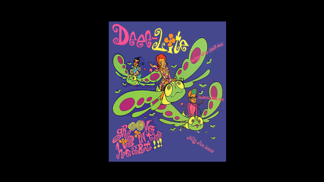 Colorful illustrated cover for Deee-Lite’s Groove Is In The Heart, with cartoon characters riding psychedelic butterflies on a purple background
