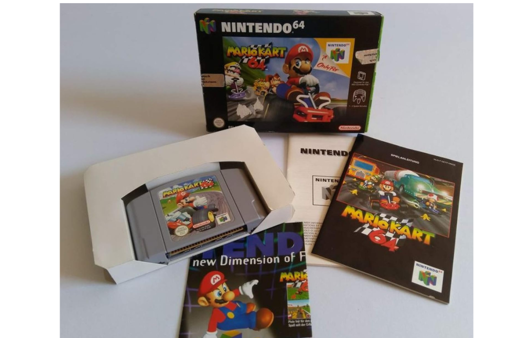 Nintendo 64 game artwork for Mario Kart 64, evoking the console's original 1996-era game library and packaging