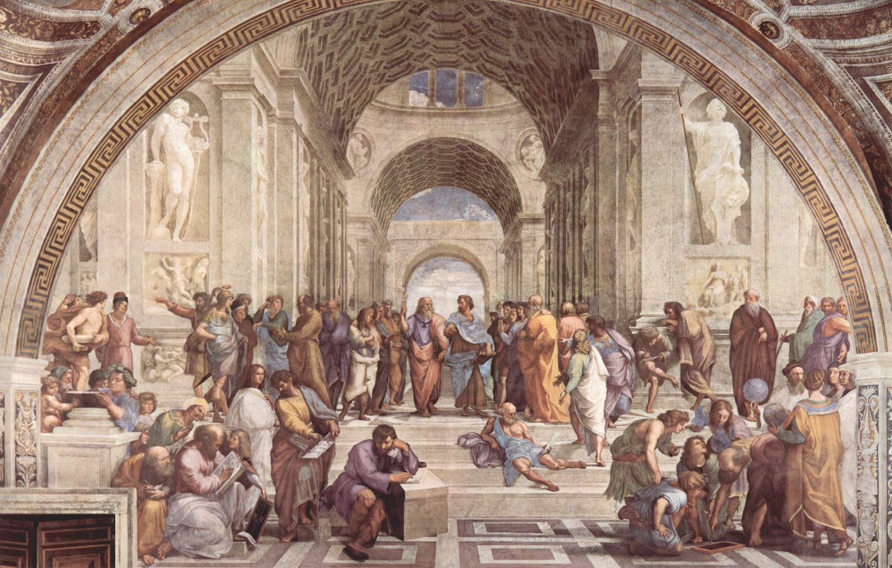 Renaissance fresco of scholars gathered in a grand hall with arched ceilings, marble columns, and classical statues