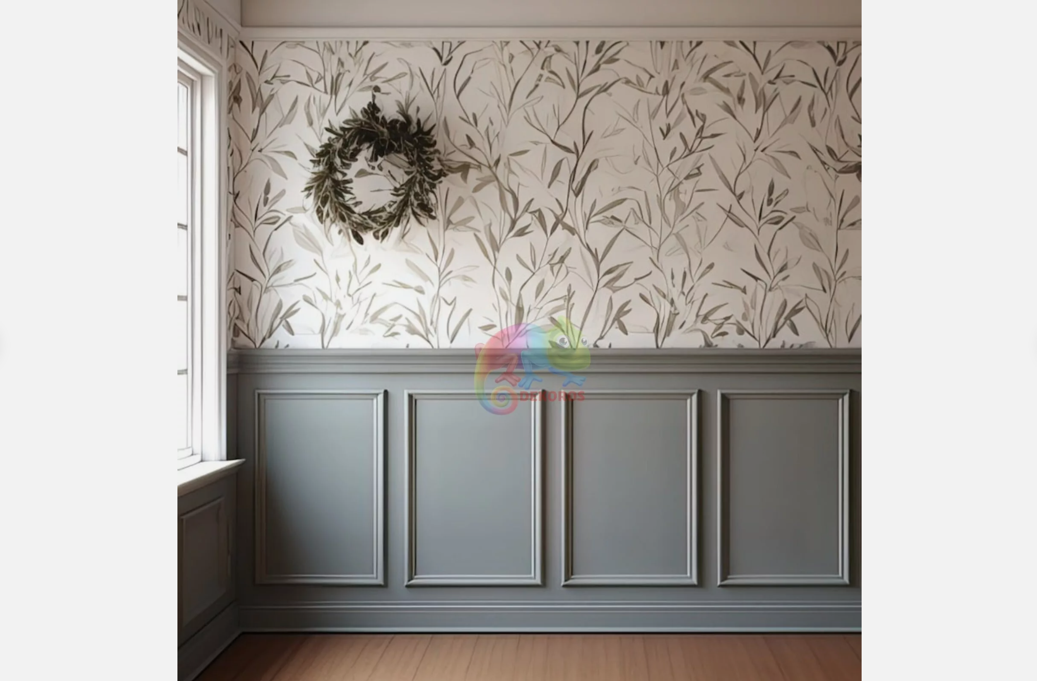 Gray peel-and-stick wall moulding with leaf-patterned wallpaper, decorative green wreath, soft natural lighting from adjacent window