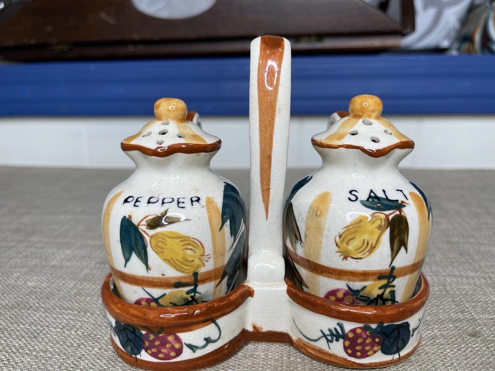 Vintage Nasco Japan Hand Painted Salt And Pepper Shakers Set With Holder Pear