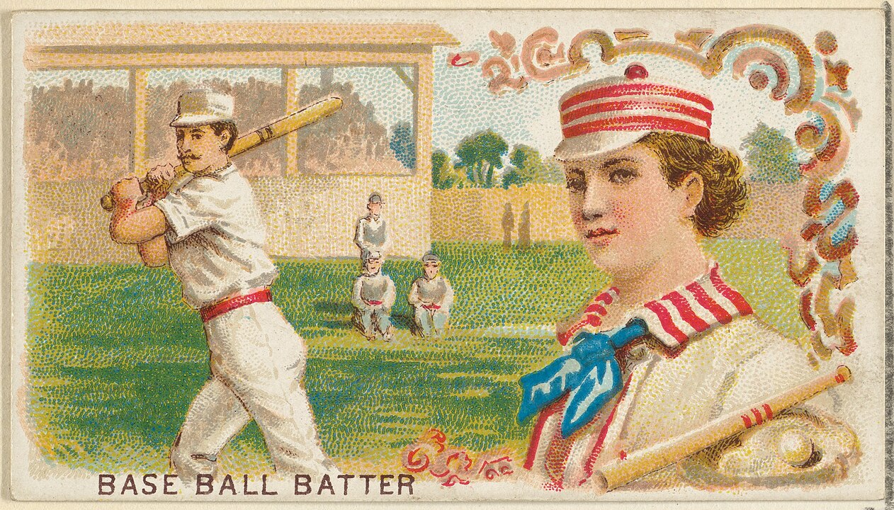 Vintage baseball card illustration, male baseball player mid-swing on a grassy field, female figure in period attire with a pink hat and red-checkered collar, ornate floral border, nostalgic early 20th-century art style