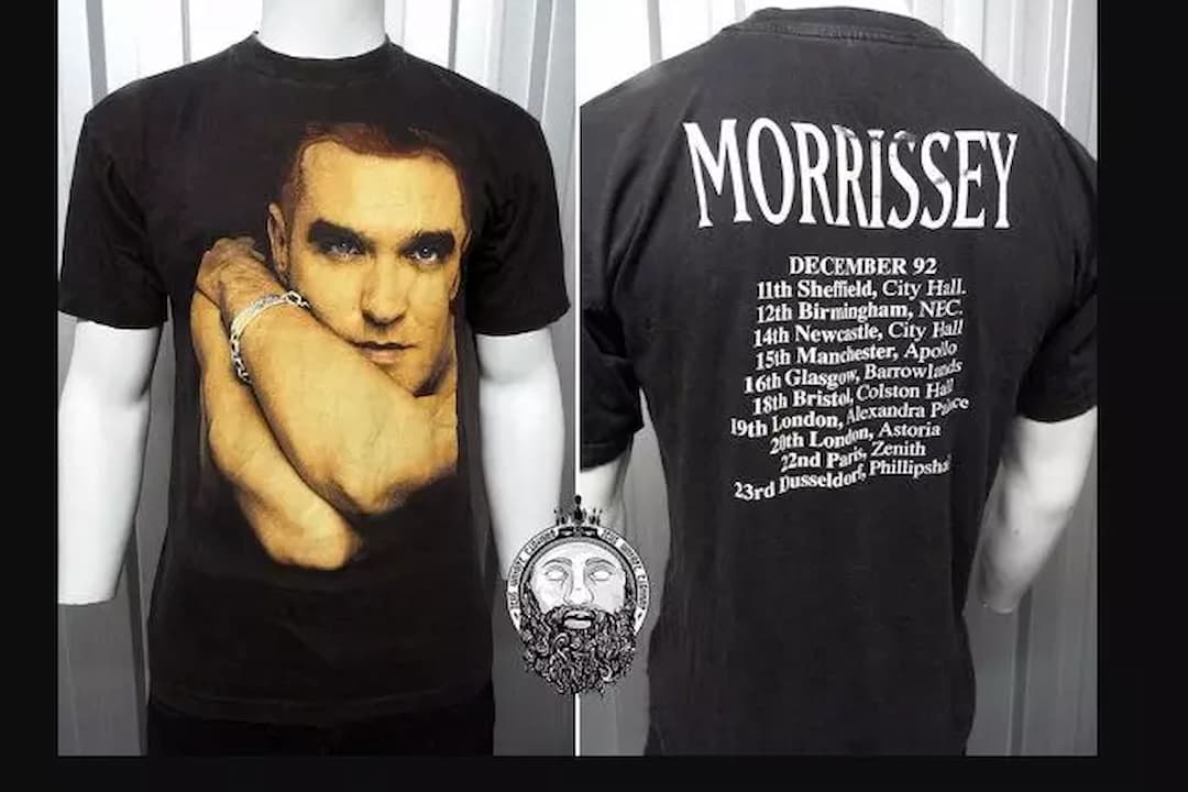 Vintage black Morrissey concert T-shirt, front featuring a portrait of Morrissey with folded arms, back listing December 1992 European tour dates in white text