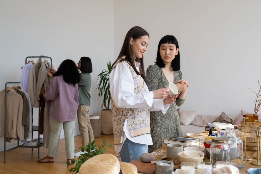 Friends in a Swap Meet discussing and checking vintage items 