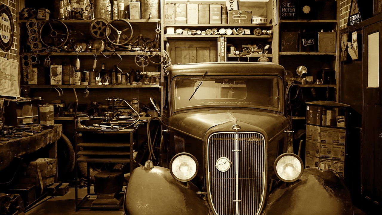 auto, car, garage, auto shop, vintage, vehicle, antique, automobile, automotive, classic, equipment, car wallpapers, fix, mechanic, nostalgia, repair, retro, sepia, service, repair shop, tools, transportation, workshop