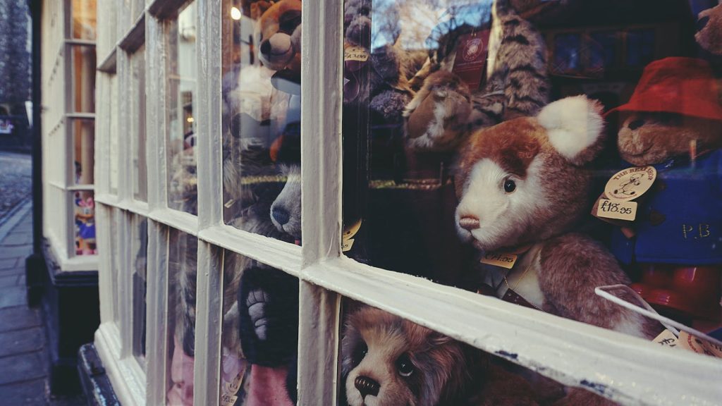 A delightful showcase of plush toys in a Norwich store window, capturing the essence of whimsy.
