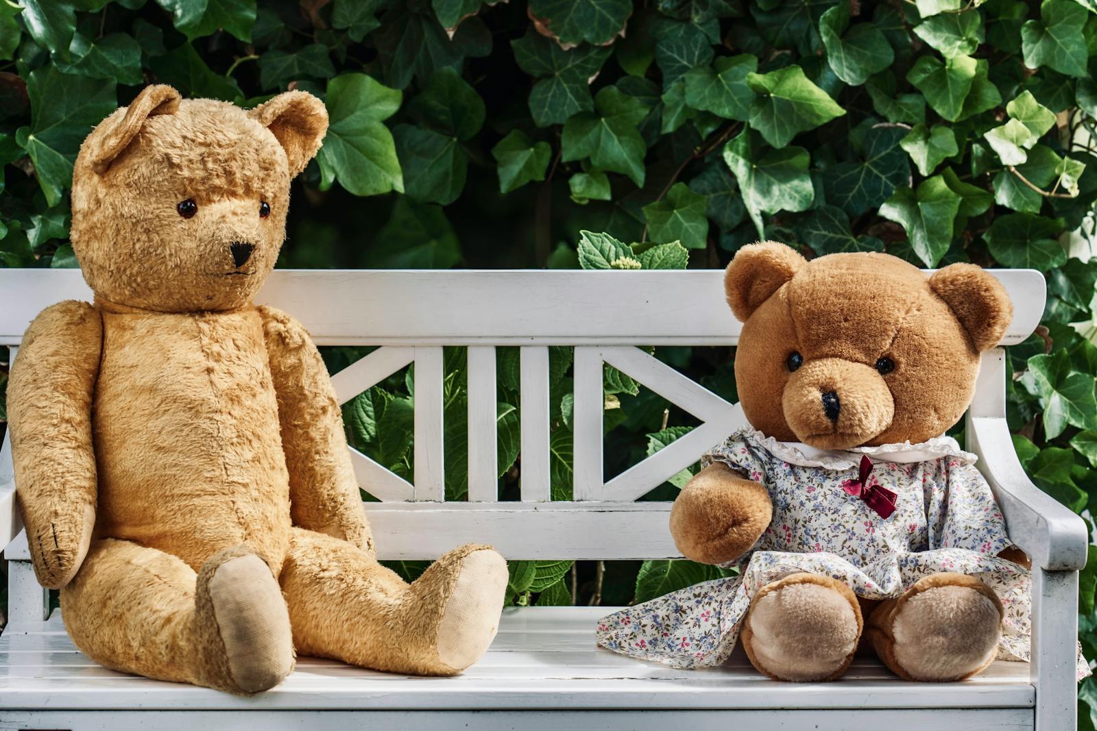 Two teddy bears sitting on a wooden bench surrounded by greenery.