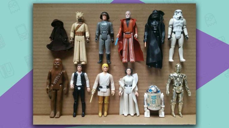 A group of 1980s vintage Star Wars action figures displayed together, similar in style to the original Kenner Boba Fett figure before and after its firing mechanism was removed
