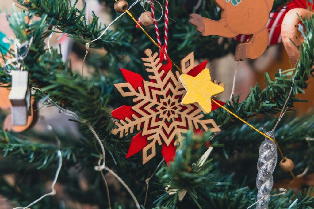 A christmas ornament hanging from a christmas tree