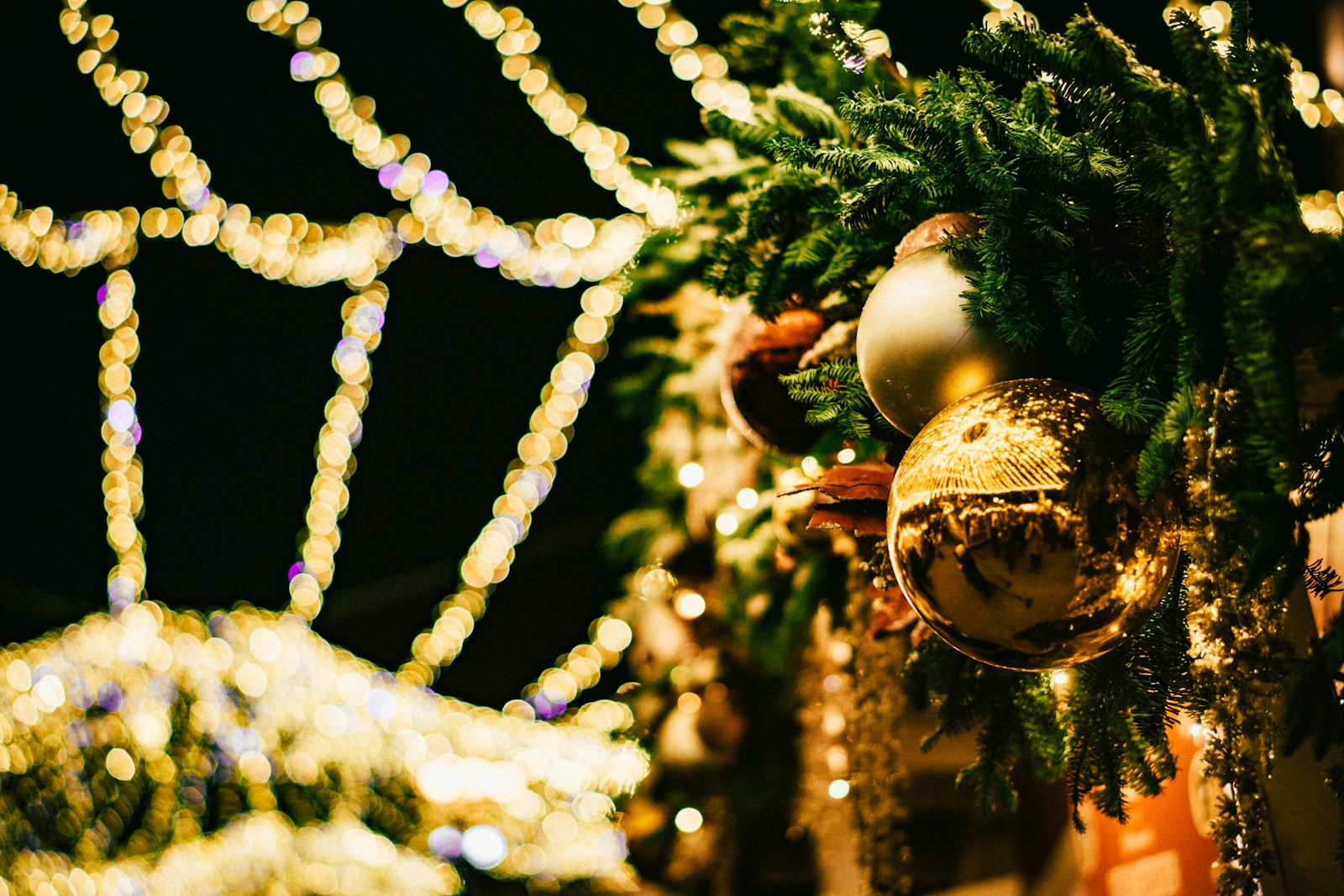 Christmas ornaments and lights create a festive scene.