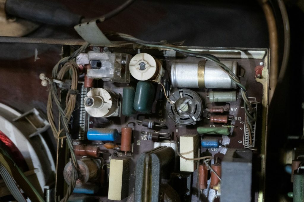Close-up of old electronic components and electrical components.