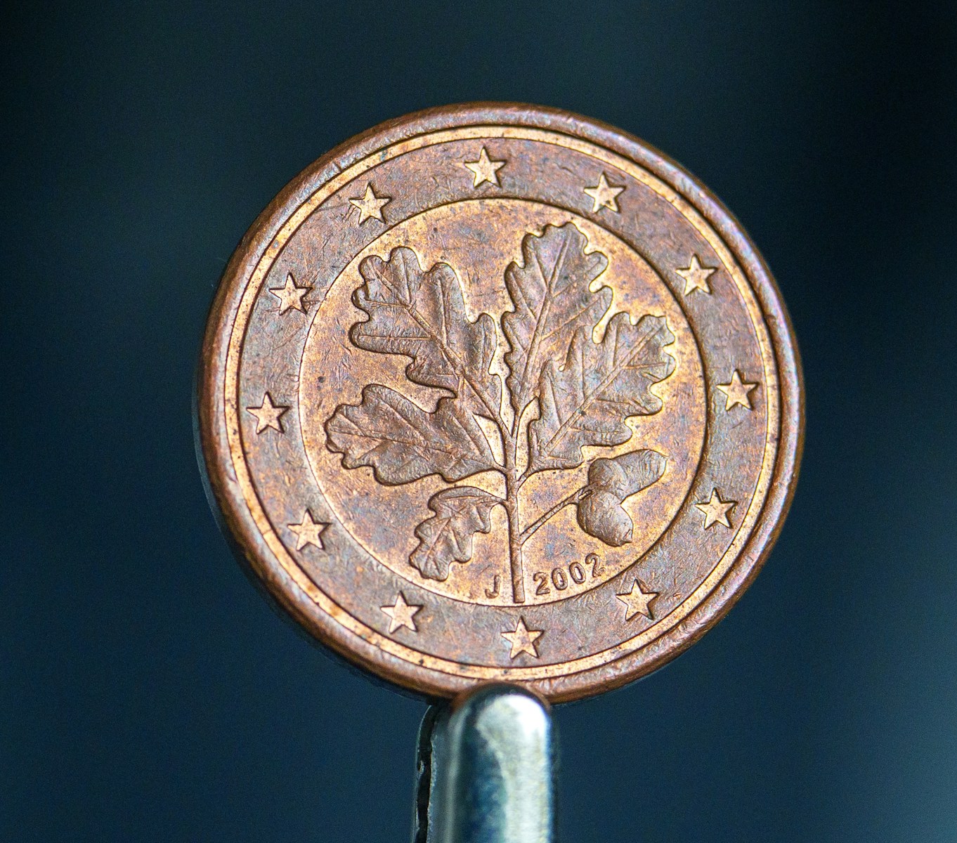 a close up of a coin on a stick
