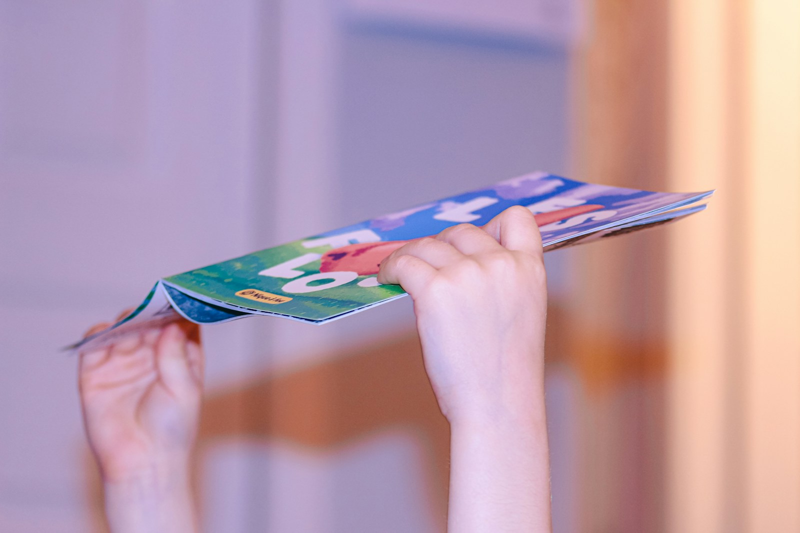 Child holding open a colorful book with illustrations.