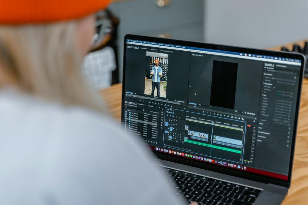 Close-up of video editing software on laptop, focused on timeline.