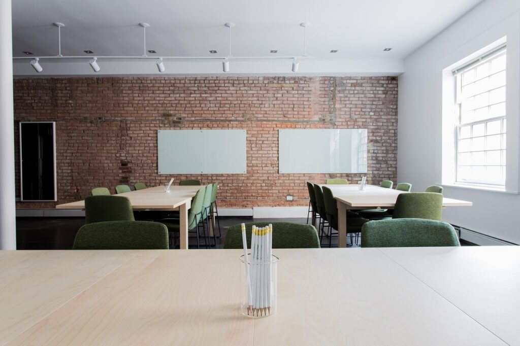 bricks, chairs, classroom, empty, office, room, tables, wall, brick walls, office, office, office, office, office