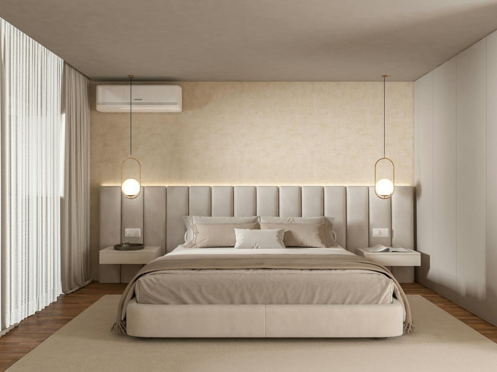 Spacious bedroom with modern minimalist design and cozy ambience.