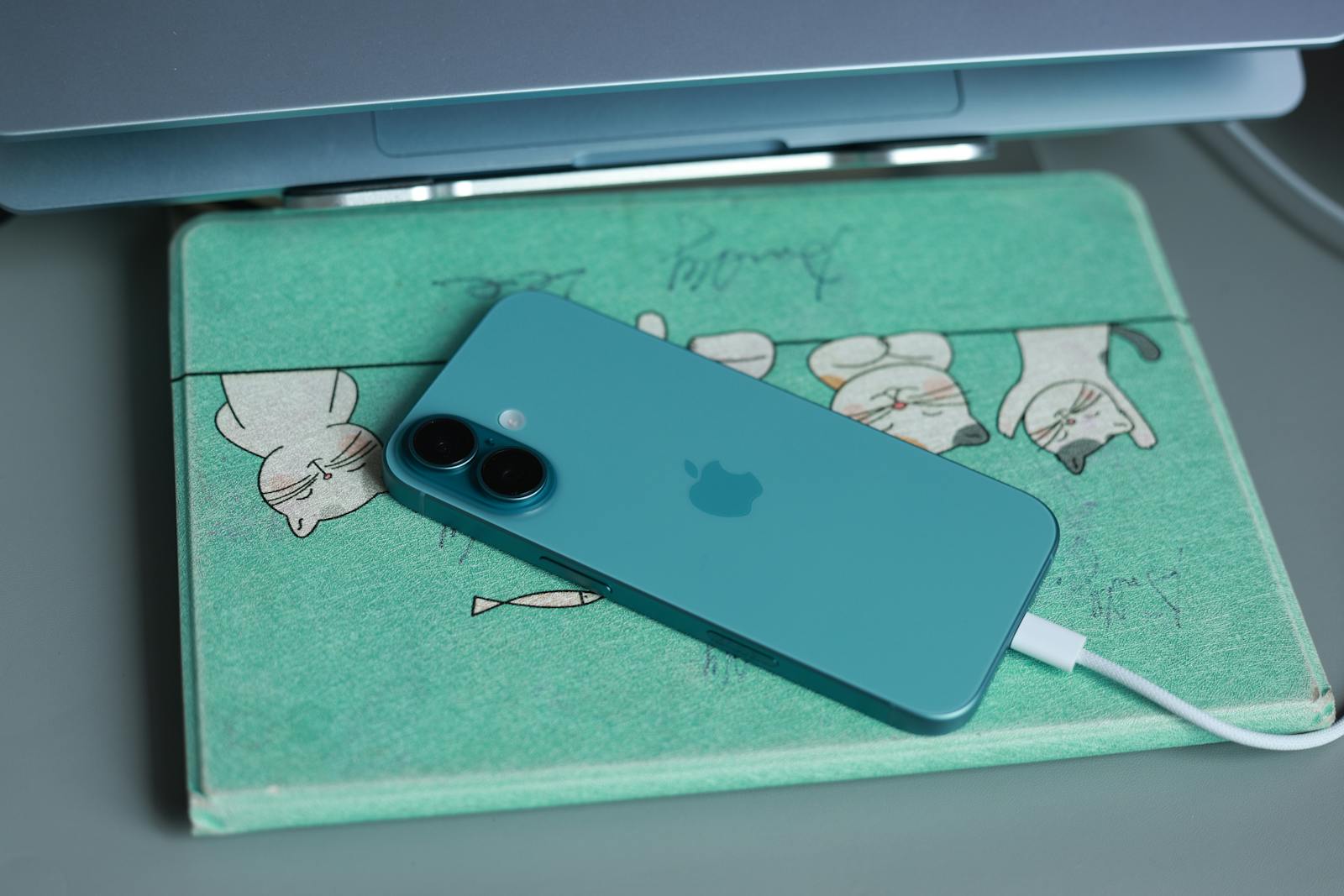 Blue smartphone charging on a cute cat-themed mat beneath a laptop. Perfect for tech and lifestyle content.