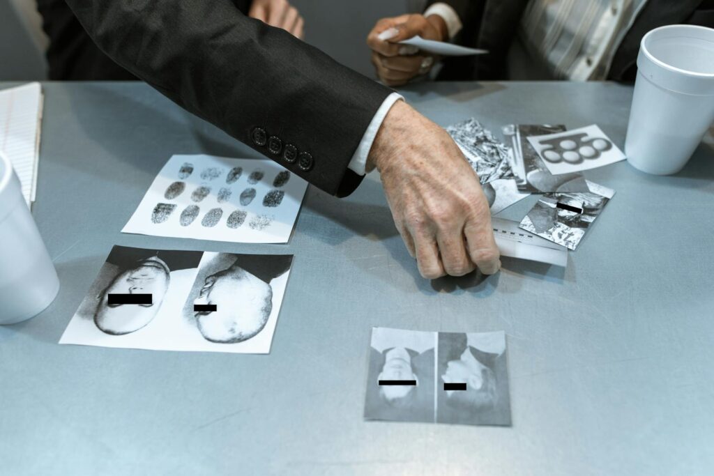 Detective reviewing crime evidence with fingerprint and suspect photos on table.