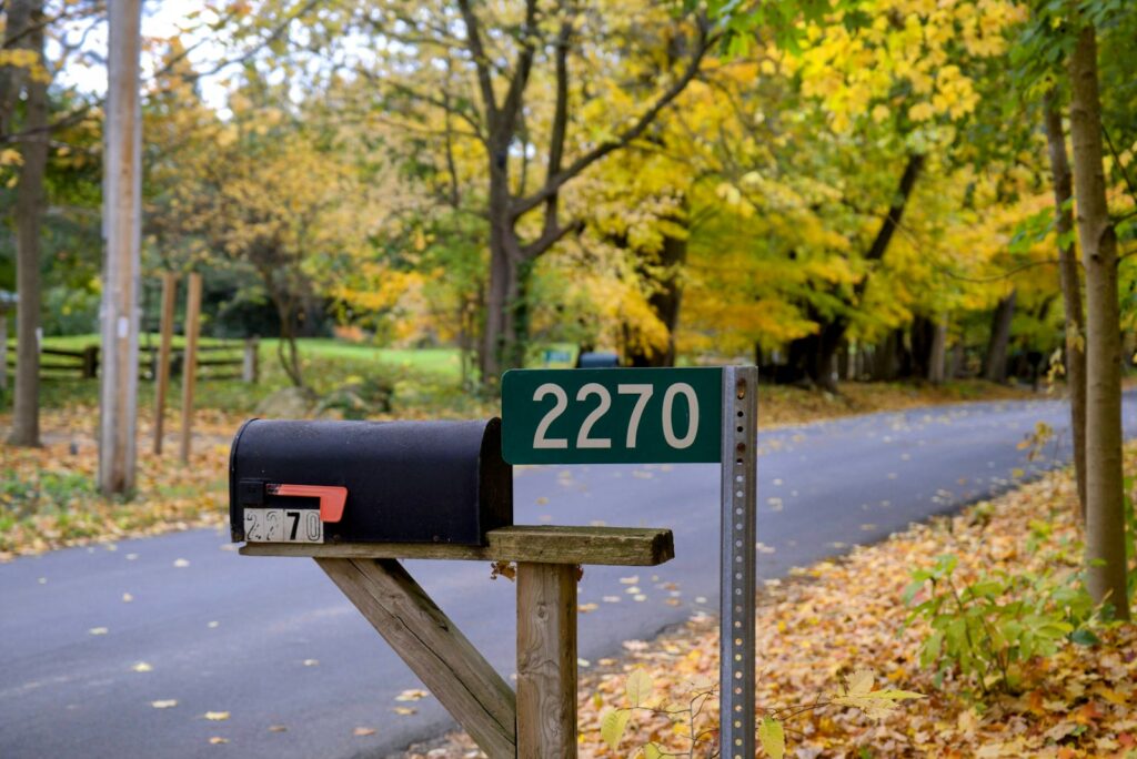 Black mailbox with address 2270 on rural road