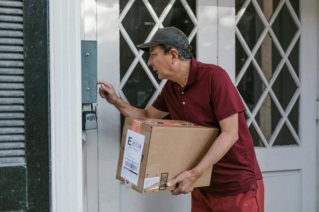Man delivering a package at a front door, wearing a red shirt and cap.