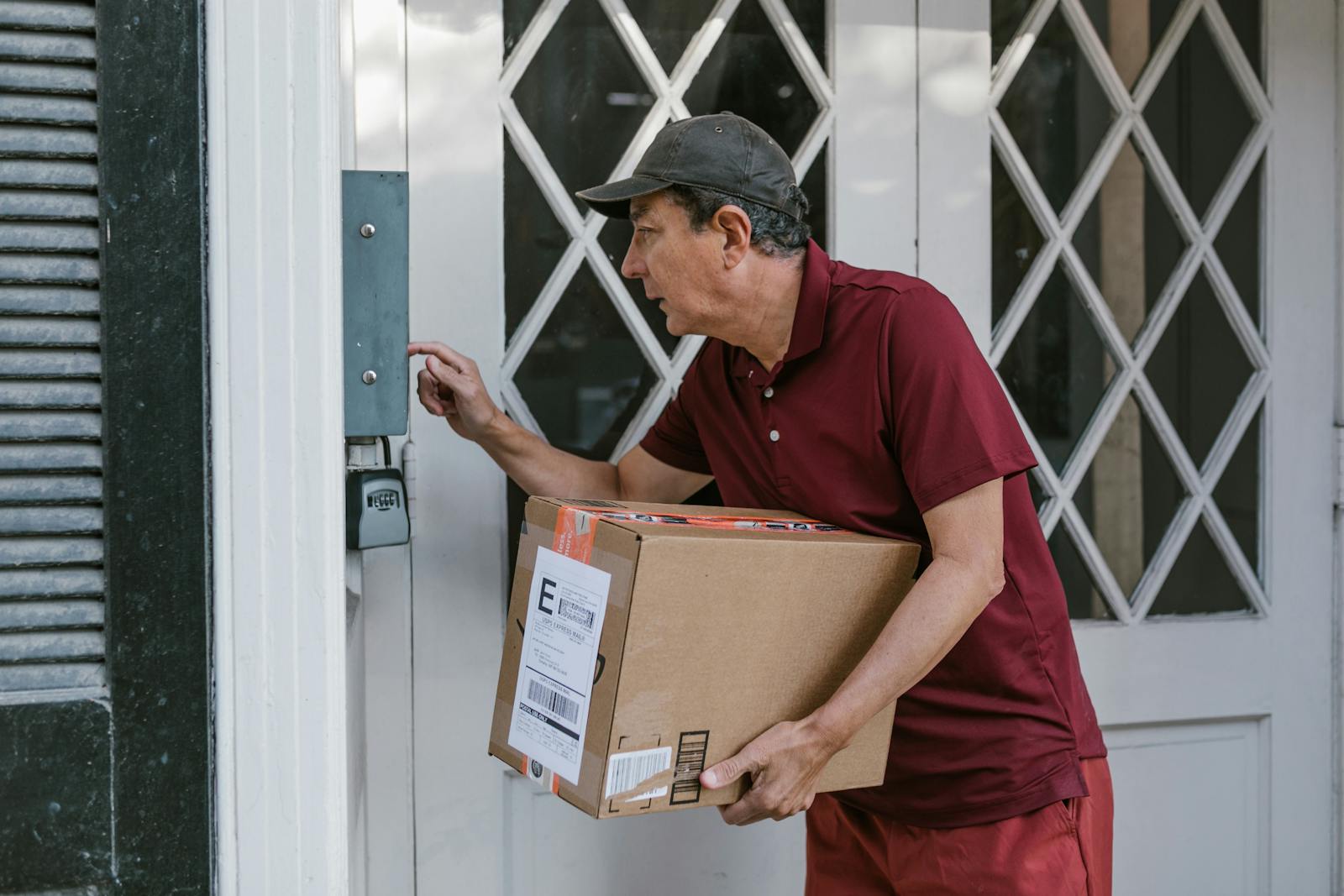 Man delivering a package at a front door, wearing a red shirt and cap.