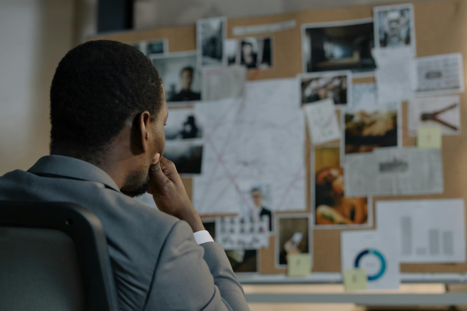 A detective deep in thought, analyzing a crime investigation board filled with photos and notes.