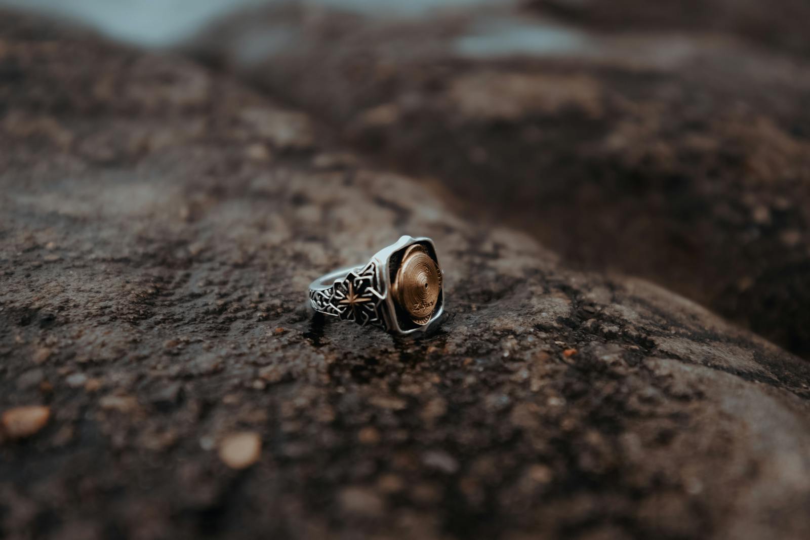 An ornate, antique ring rests on a rugged rock surface, showcasing intricate design details.