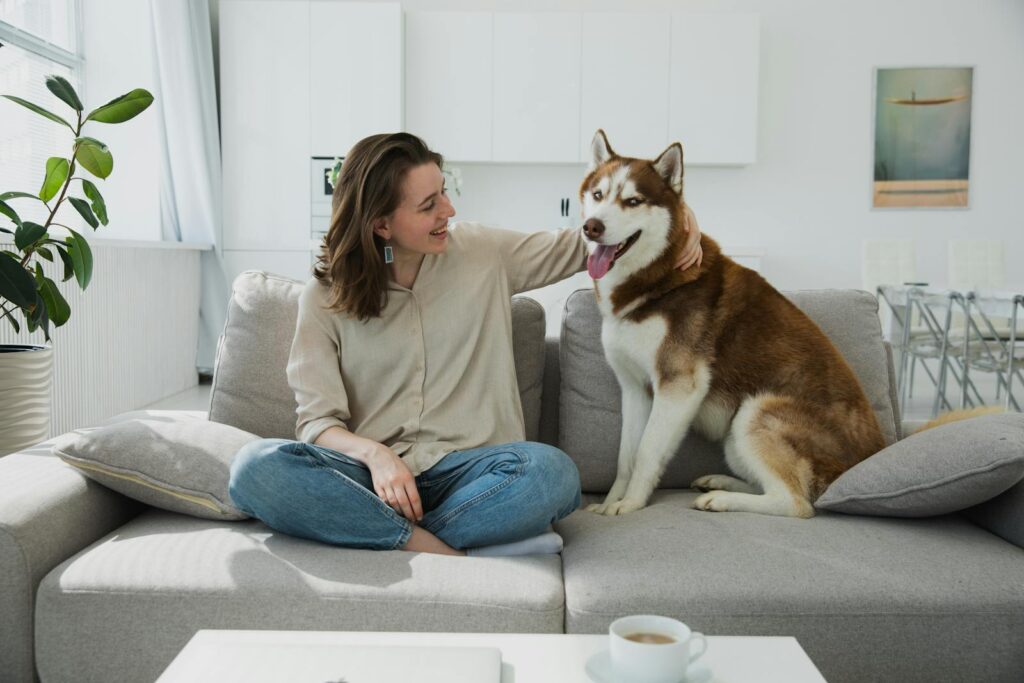 Happy woman sitting on couch with Siberian Husky, enjoying quality time together indoors.