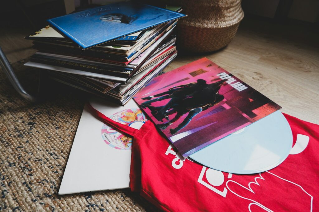 red and white book on brown table