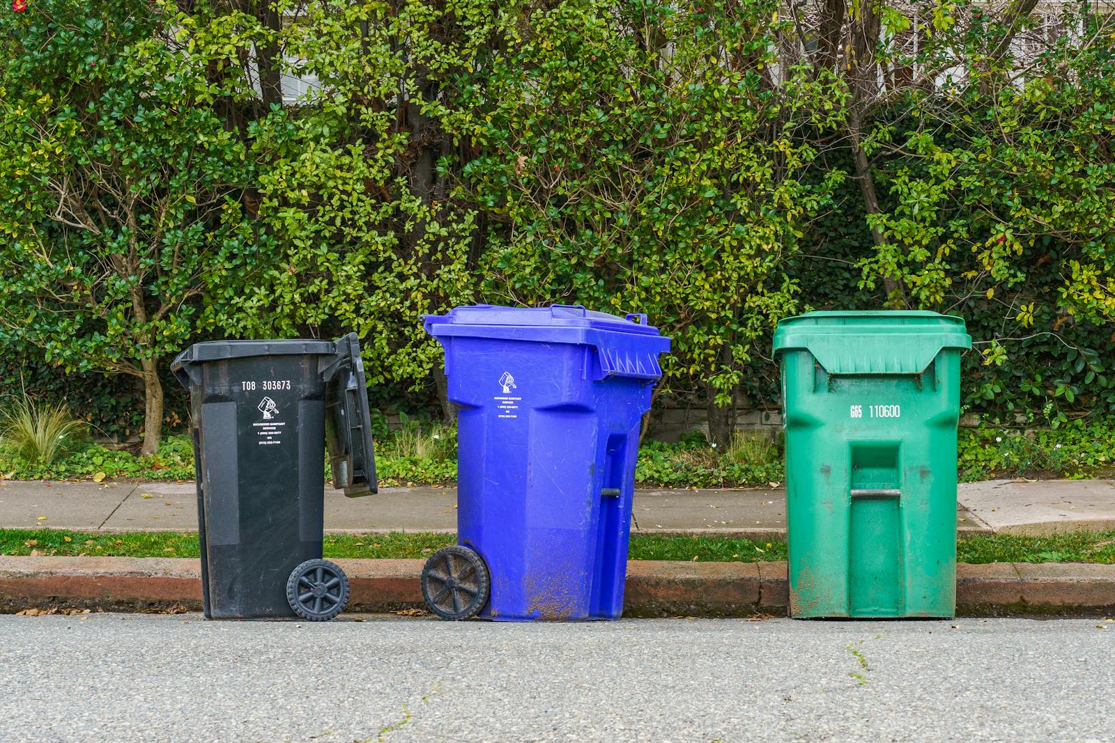 Black, blue, and green recycling bins on the street curb, ready for collection.