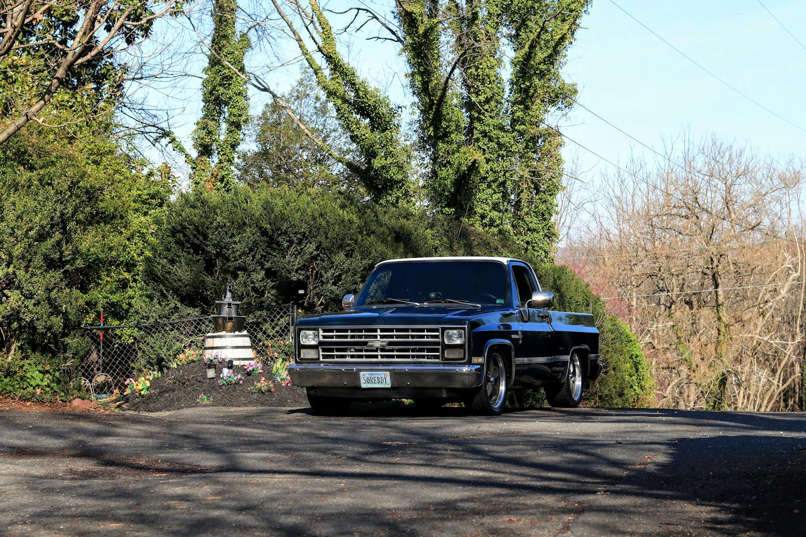 Vintage Chevrolet truck parked outdoors, surrounded by lush greenery.