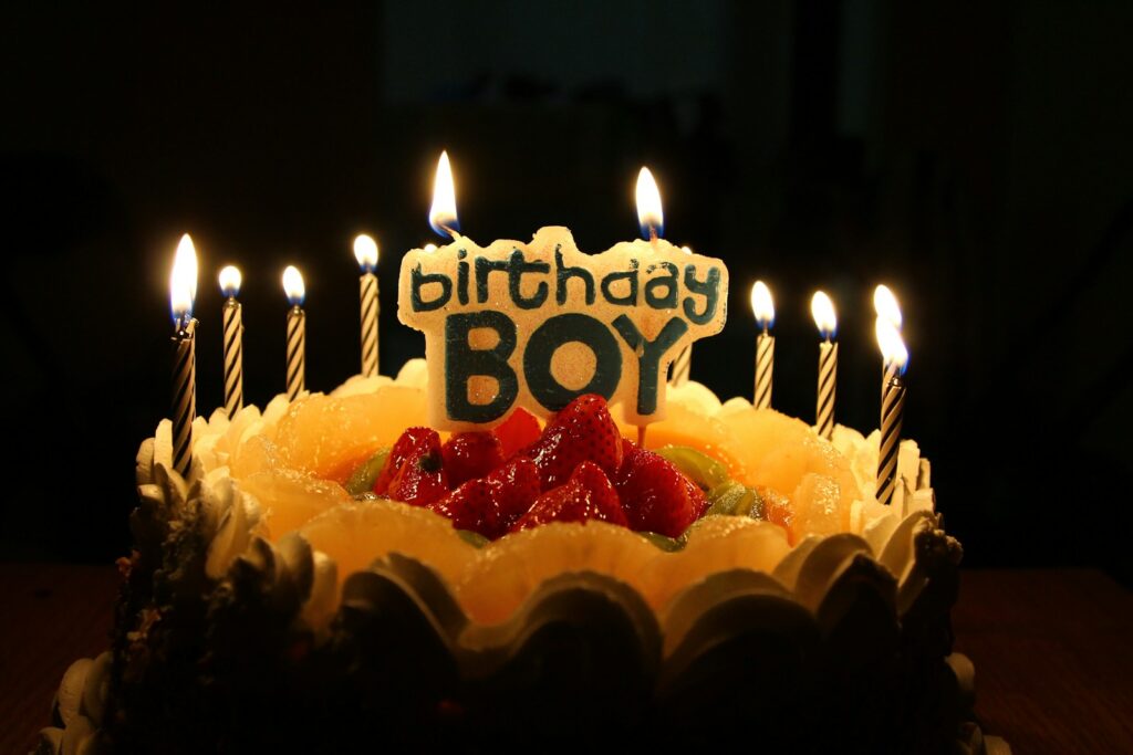 A birthday cake with lit candles on it