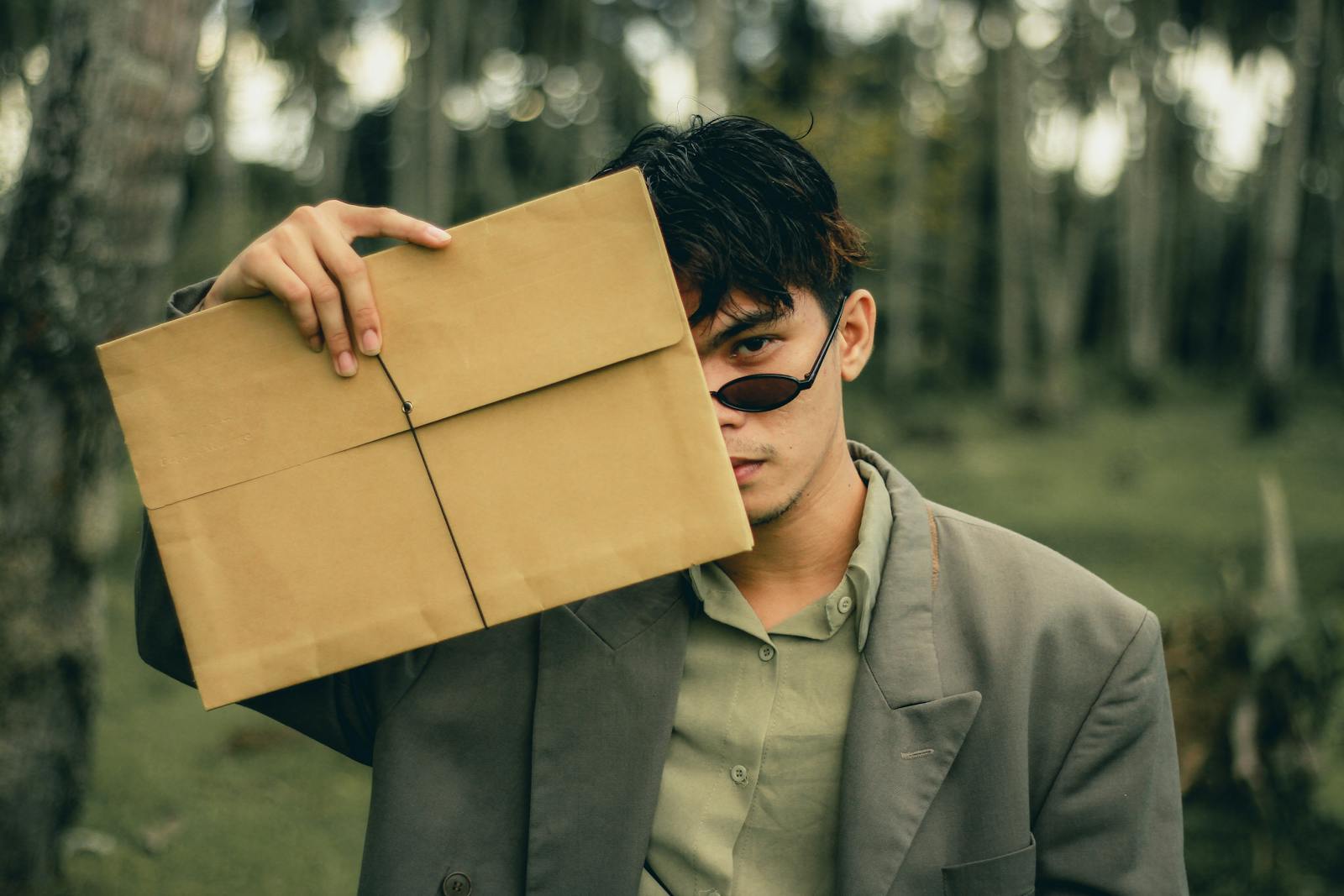 A man in sunglasses obscures his face with a large envelope while standing in a lush forest.