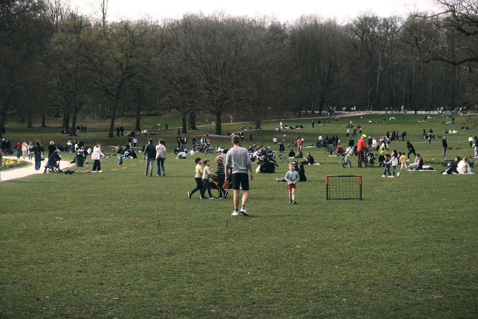 Families enjoying a sunny day at Bois de la Cambre Park, Brussels, with outdoor activities and relaxation.