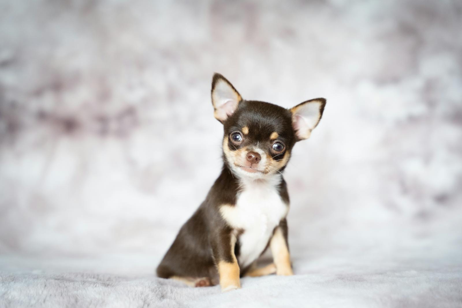 Charming portrait of a chocolate-colored Chihuahua puppy posing indoors with a soft blurred background.