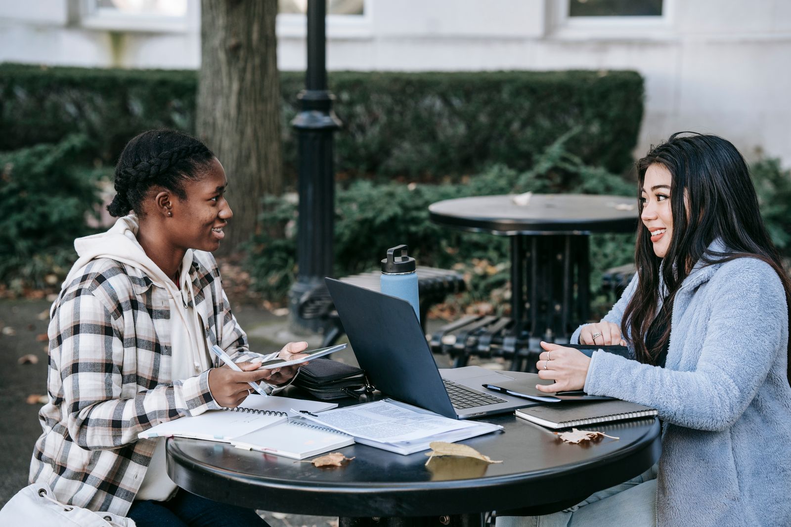 Side view of positive multiracial female students sitting at table in campus with gadgets and notepads and looking at each other while working on project