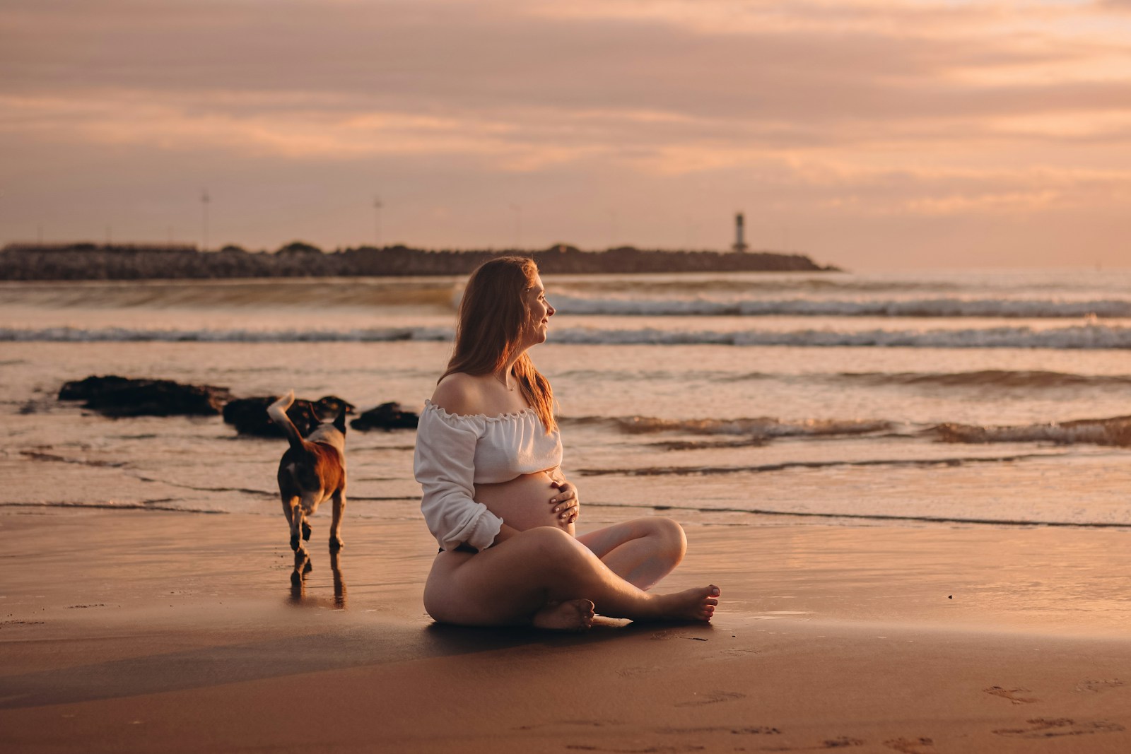 a woman sitting on a beach next to a dog
