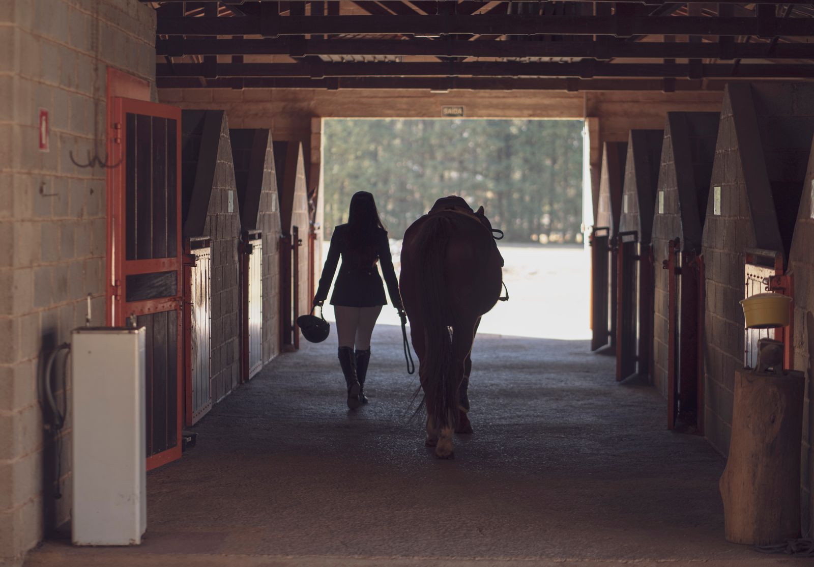 A rider leads her horse through a stable aisle, highlighting the bond between horse and rider.