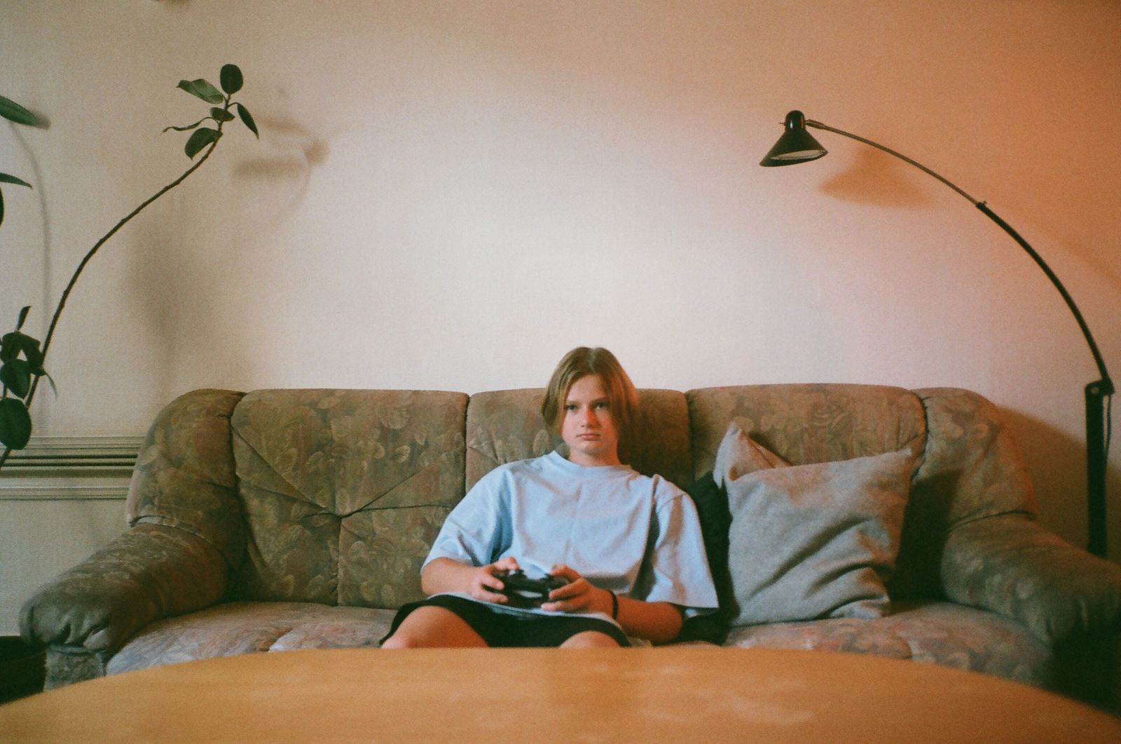 Teen boy gaming on a sofa in a cozy living room setting, focusing on video games.