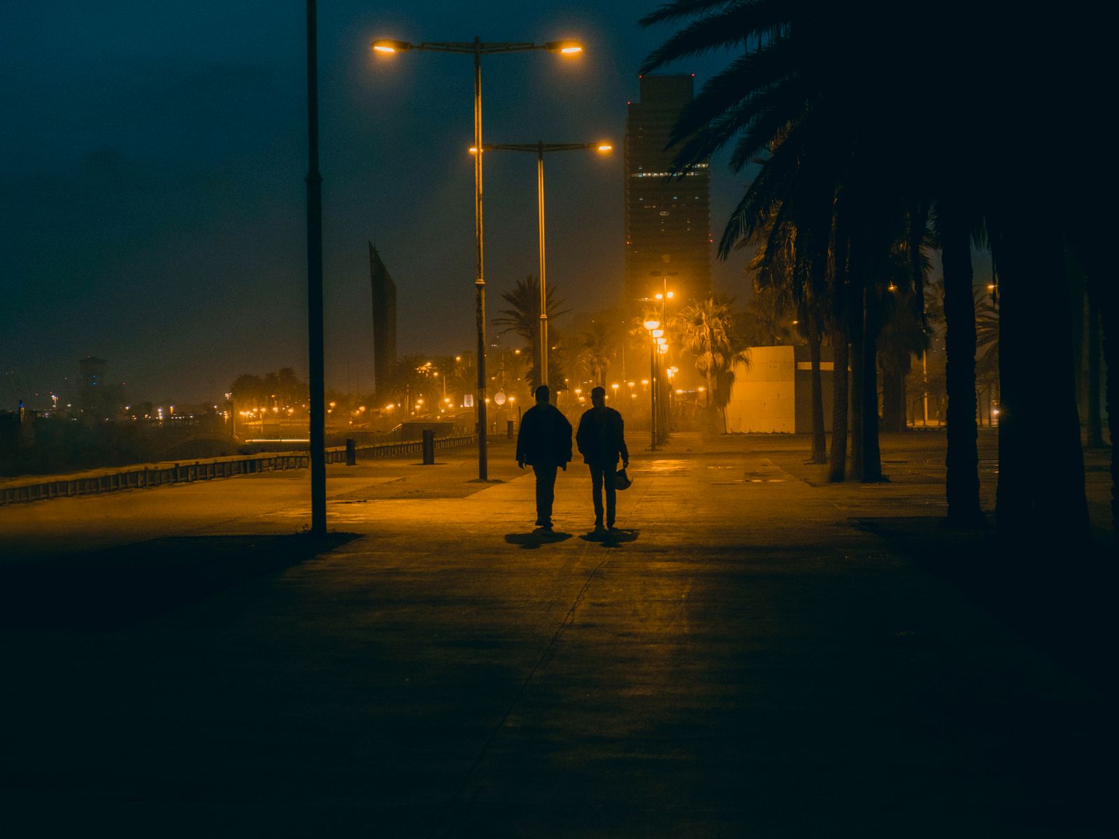 Two silhouettes walking at night along a lit urban walkway lined with palm trees.