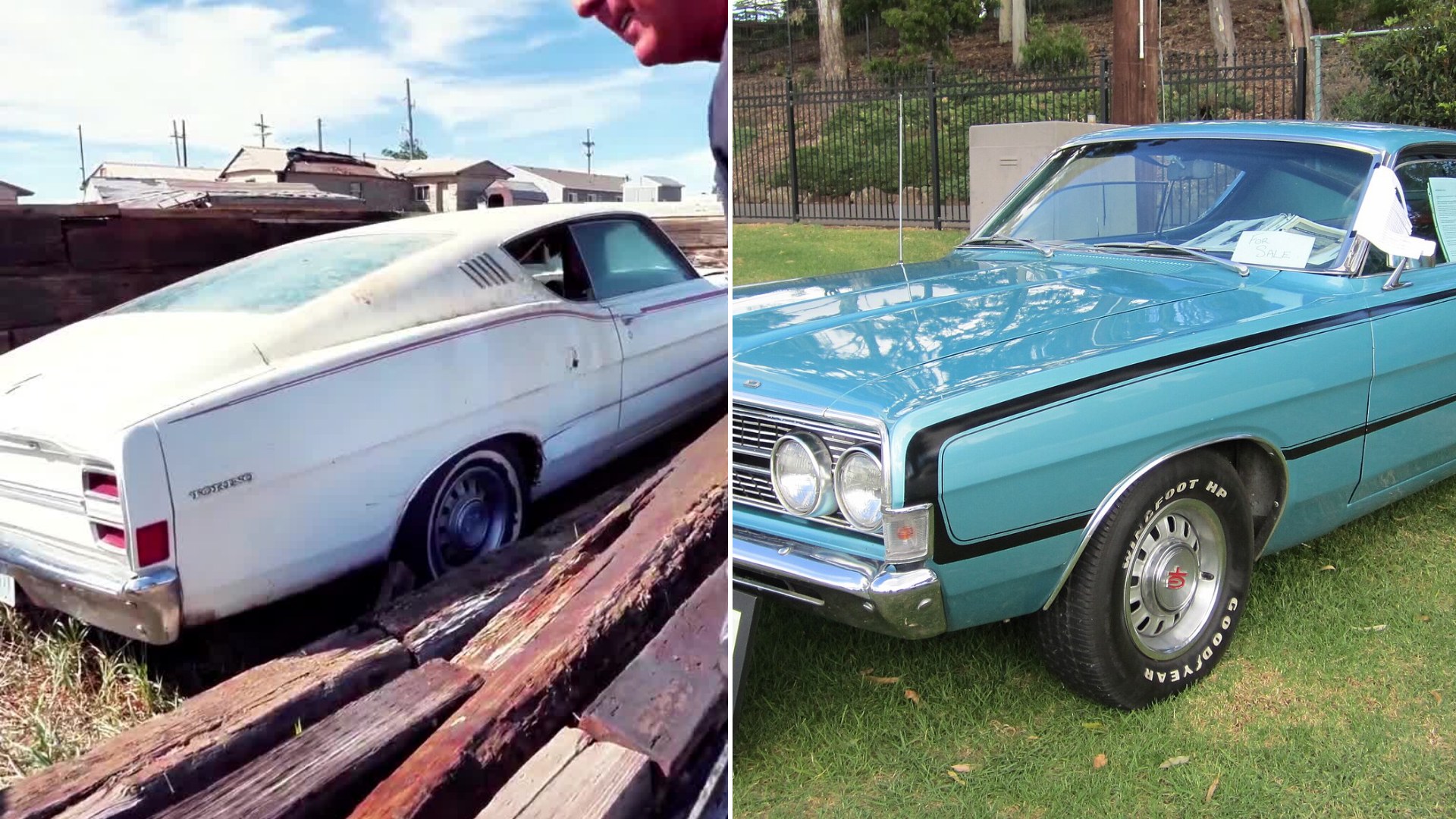 White 1968 Ford Torino GT fastback being pulled from a Wyoming field, beside a restored 1968 Torino GT fastback (photo CC BY 2.0 via Wikimedia Commons)
