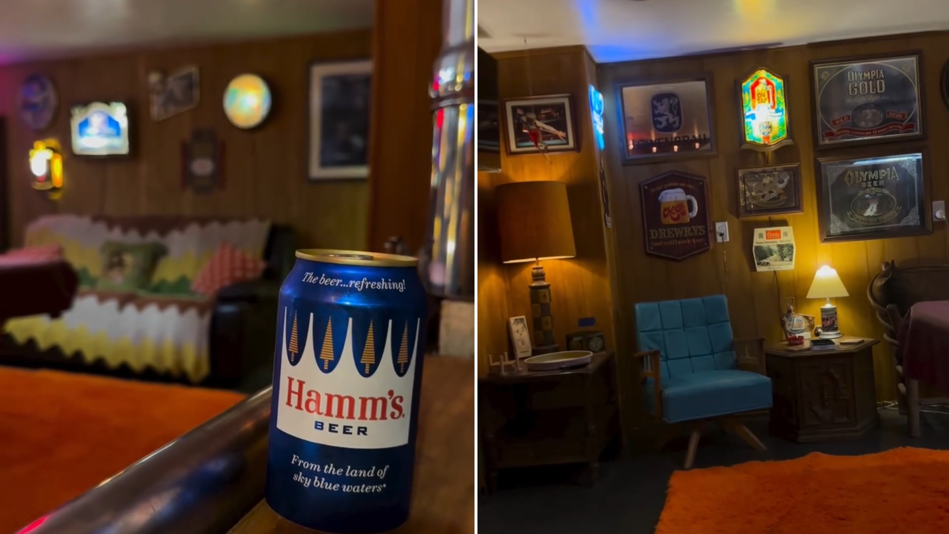 Hamm's beer can on a vintage basement bar top beside the wood-paneled room with neon signs and orange shag rug
