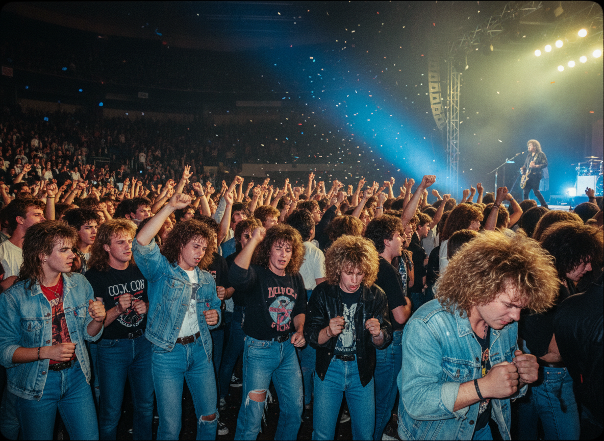 Nostalgic 1980s rock concert crowd scene with vintage hairstyles and stage lighting