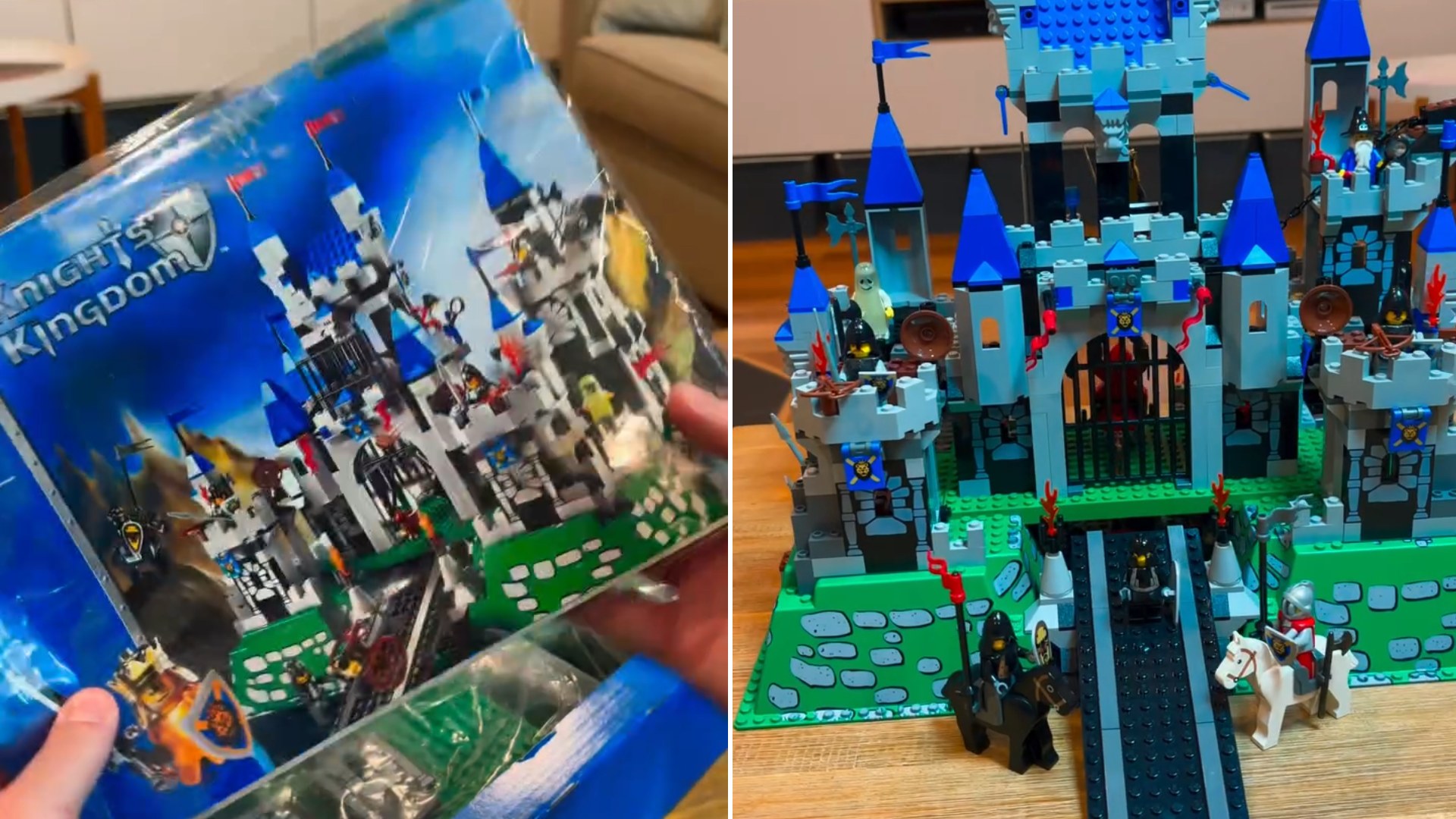 Sealed Knights Kingdom LEGO castle box beside the fully built castle