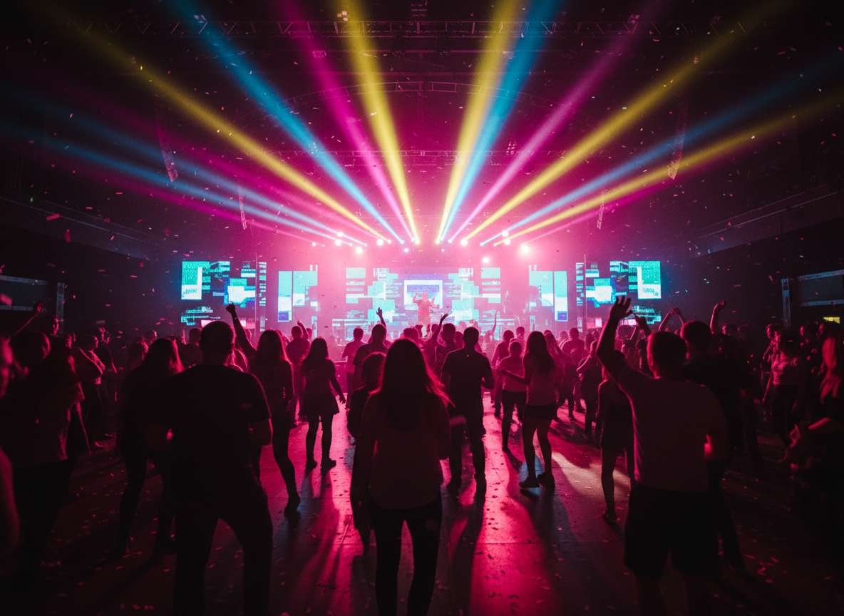 A vibrant 2000s dance floor with colorful stage lights