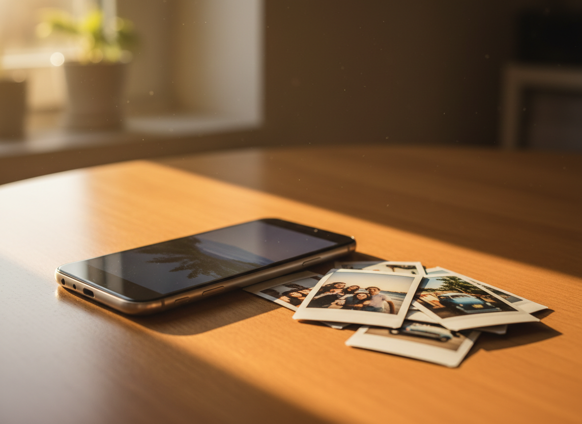 Smartphone and printed snapshots evoking a 2016 throwback moment