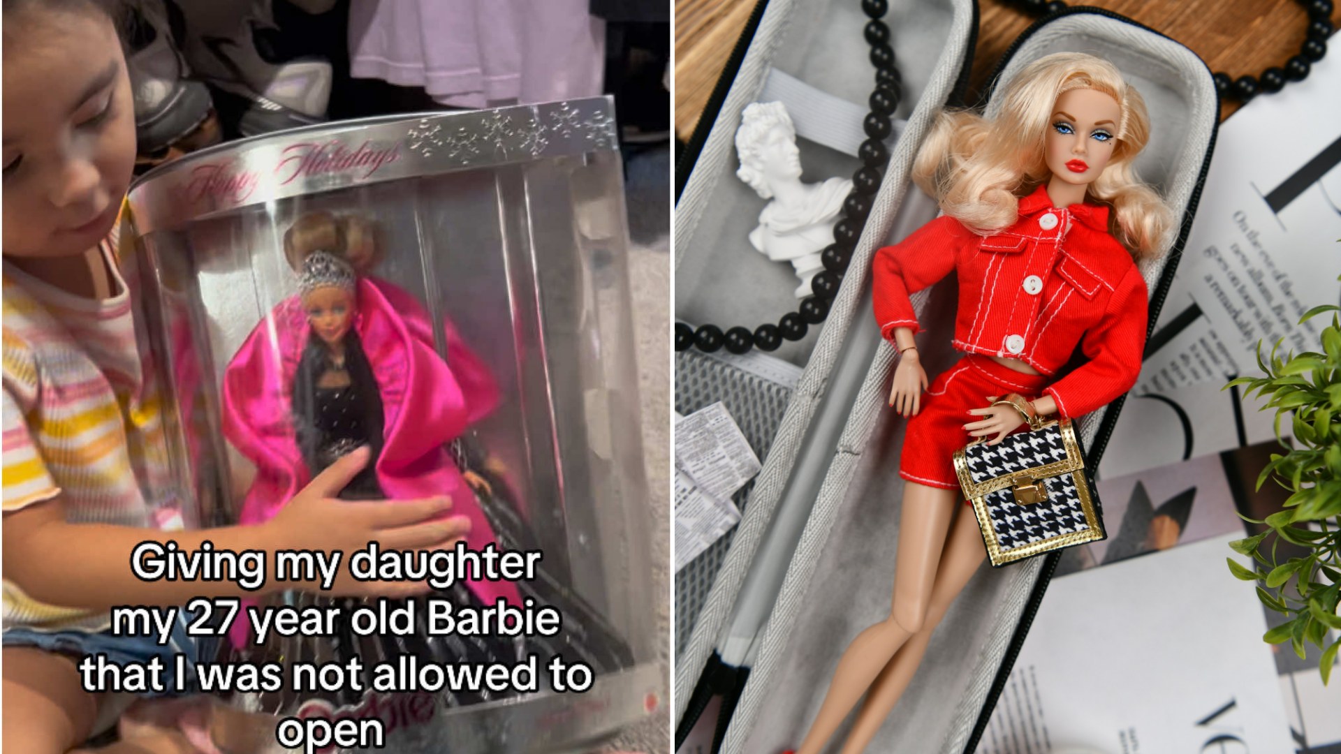 Daughter holding the boxed Happy Holidays Barbie from the TikTok, beside a boxed collector fashion doll