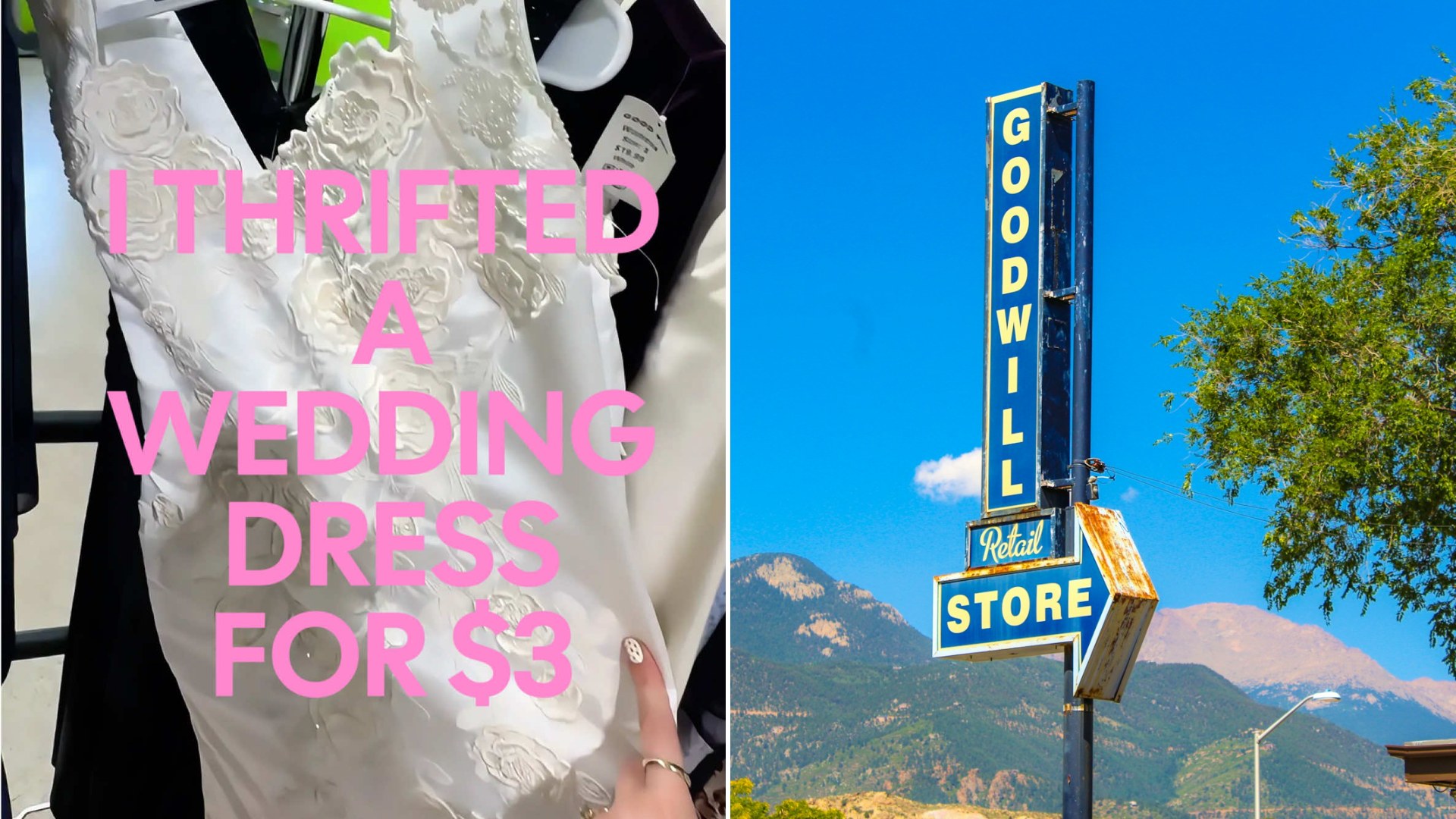 Video cover reading I thrifted a wedding dress for $3 over the white gown, next to a Goodwill Store sign