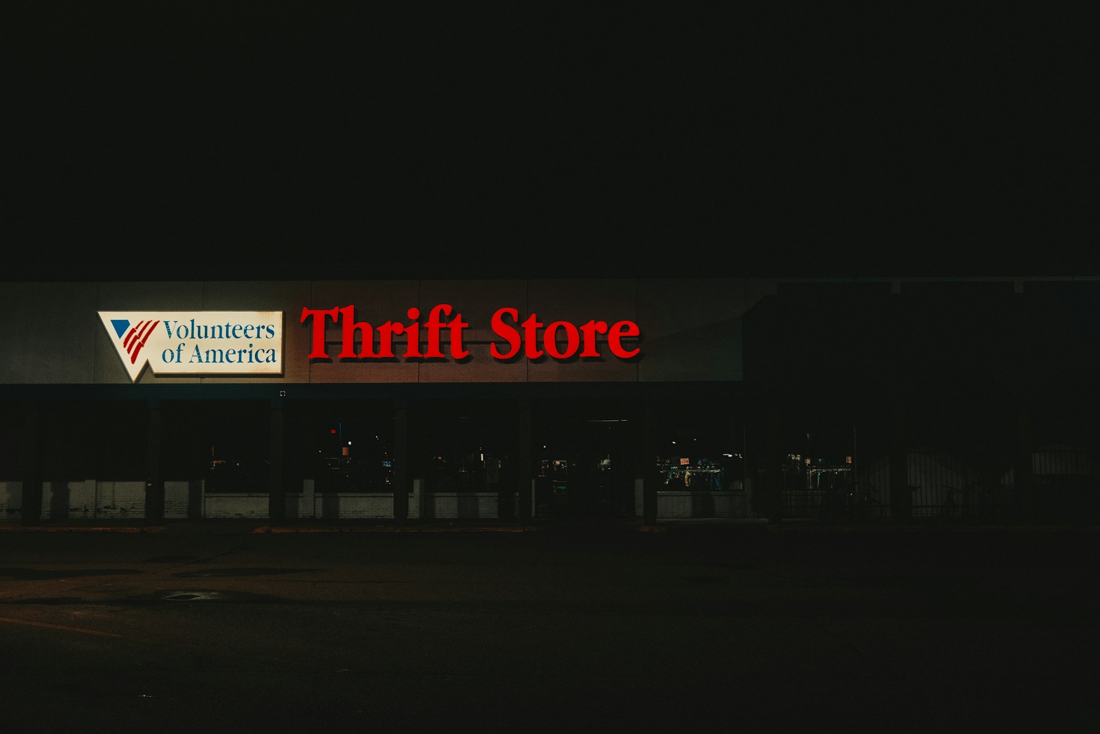 A thrift store is open at night